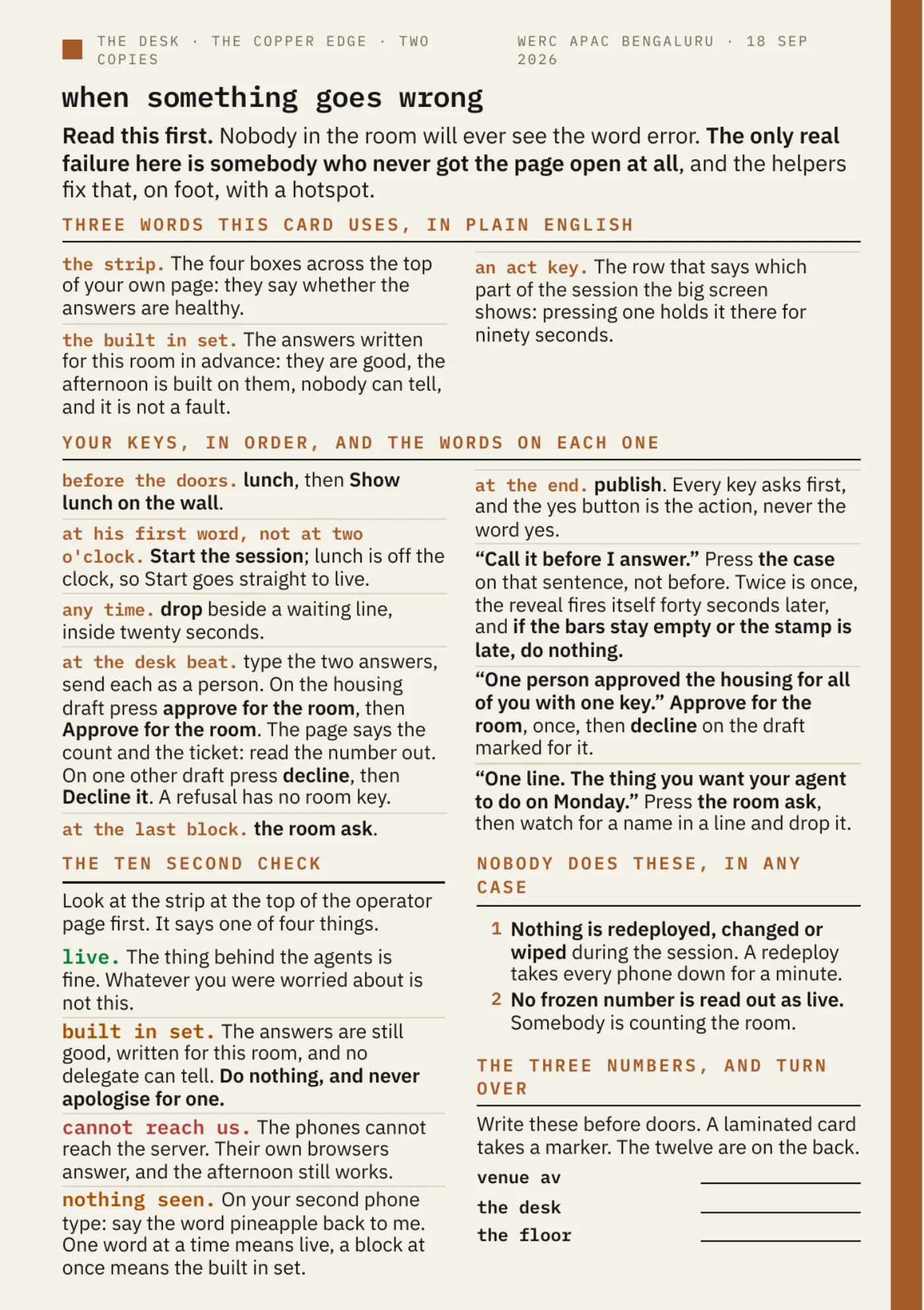 The troubleshooting card, side one