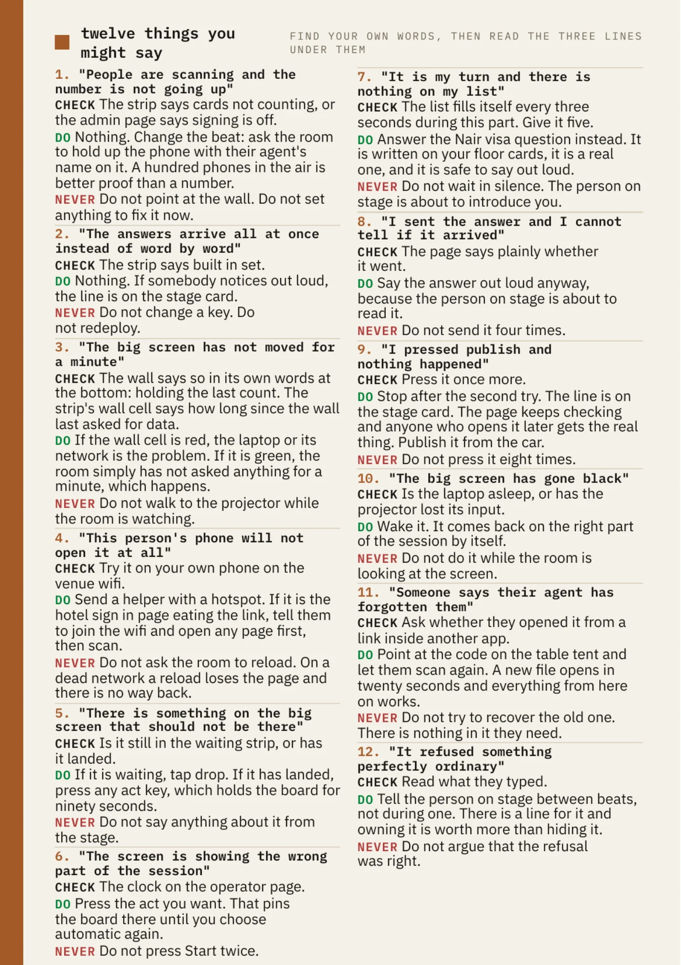 The troubleshooting card, side two
