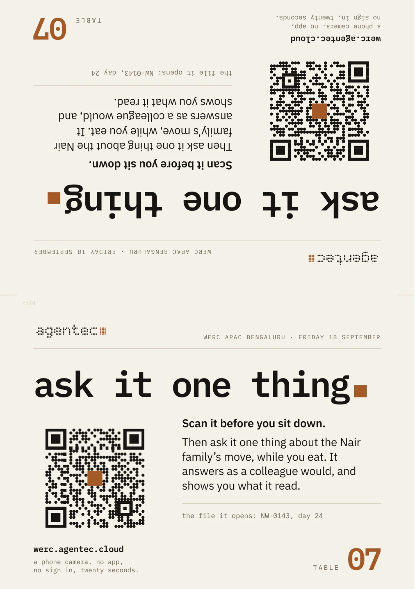The table tent, sheet seven: ask it one thing, the code, the address, table 07
